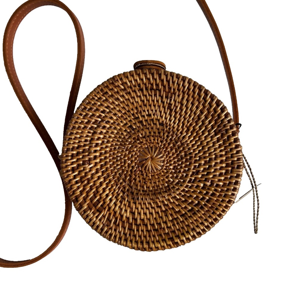 Rattan Woven Crossbody Bag Circle Round Long Strap Brown Island Gal New